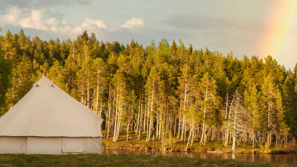 Bell tent van canvas aan de rand van een dennenbos bij het water, met een regenboog