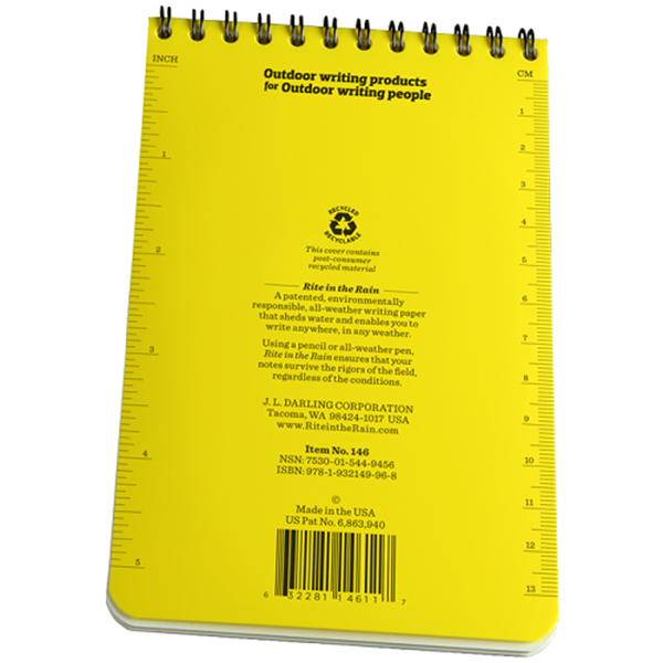 Carnet Rite in the Rain jaune vu de dos, avec une règle en pouces et cm le long du bord
