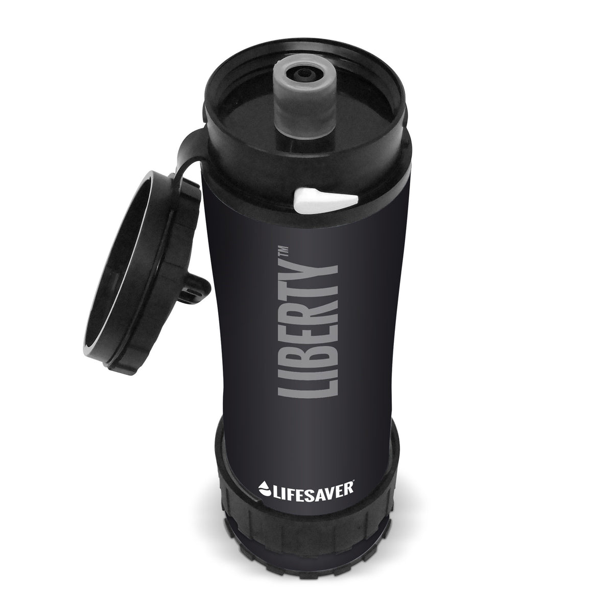 Lifesaver Liberty noire avec bouchon ouvert et embout buccal, vue en biais d'en haut