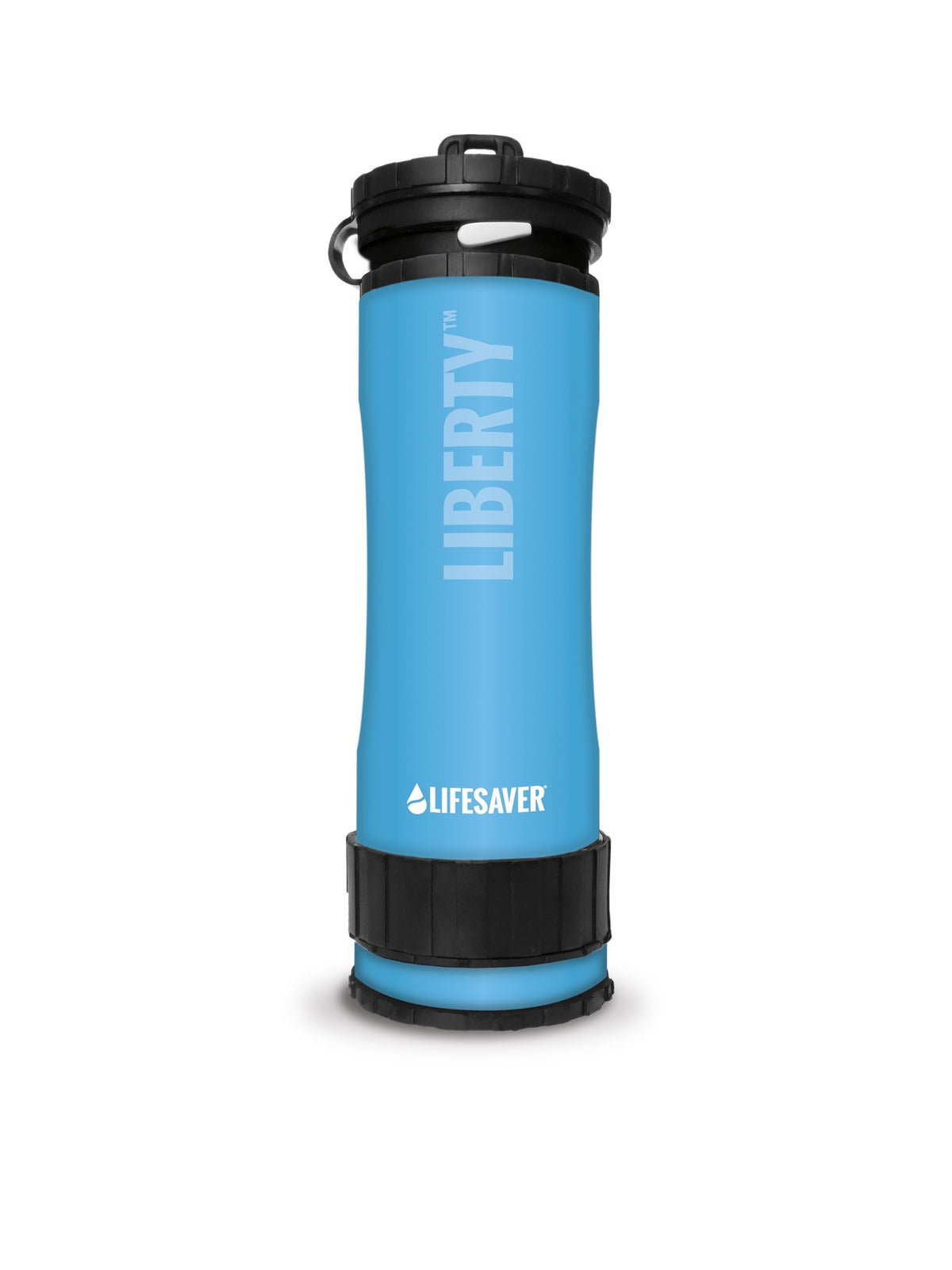 Gourde Lifesaver Liberty bleu clair avec bouchon noir, debout vue de face