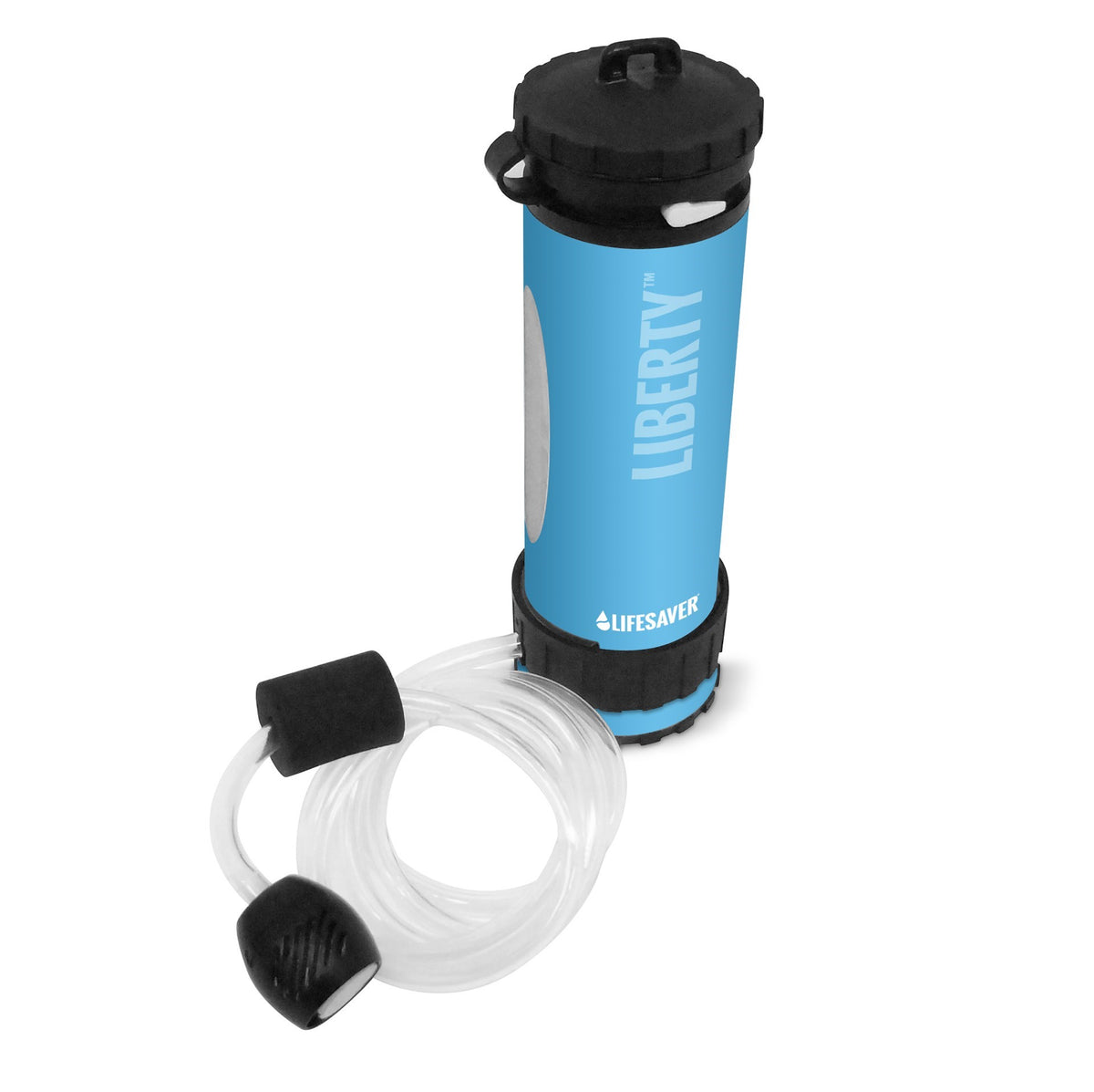 Lifesaver Liberty bleu clair avec tuyau d'aspiration transparent et embout filtrant noir