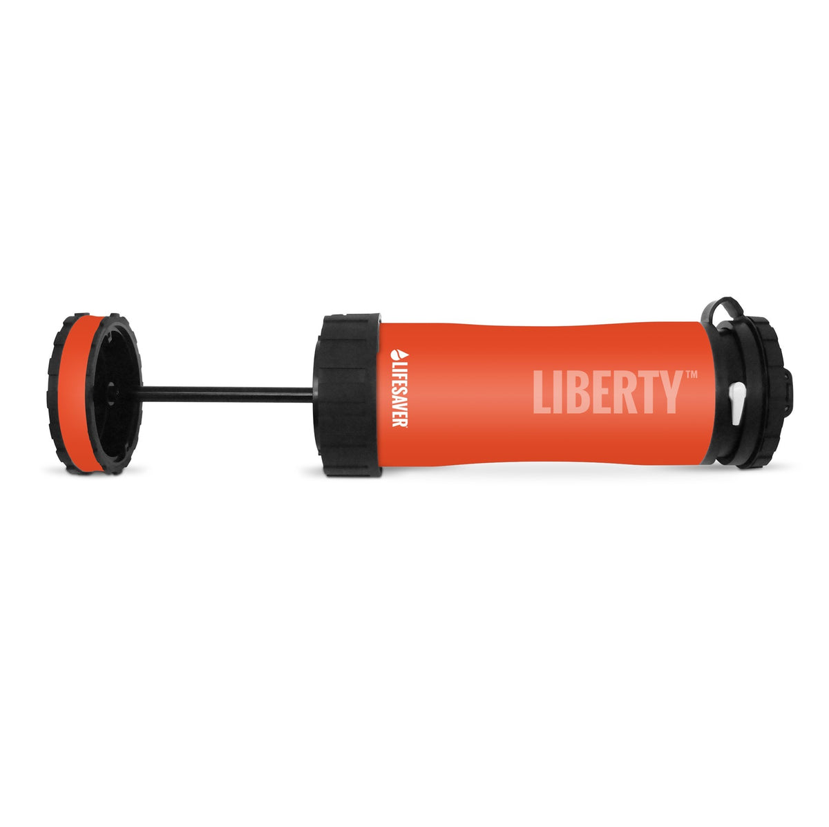Lifesaver Liberty orange couchée, avec le fond et la tige de pompe sortis
