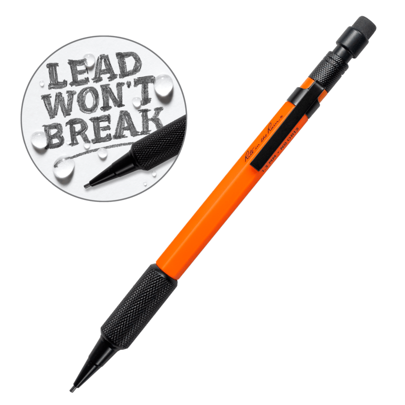 Porte-mine Rite in the Rain Mechanical Clicker orange avec grip noir, vu de biais