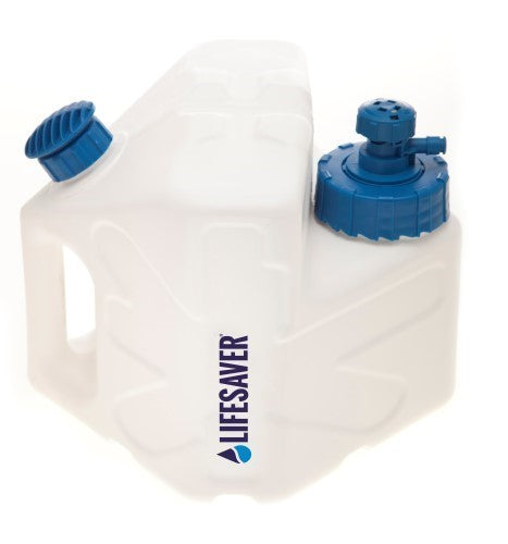 Lifesaver Cube filtre à eau, jerrican blanc avec poignée, bouchon bleu et tête filtrante bleue