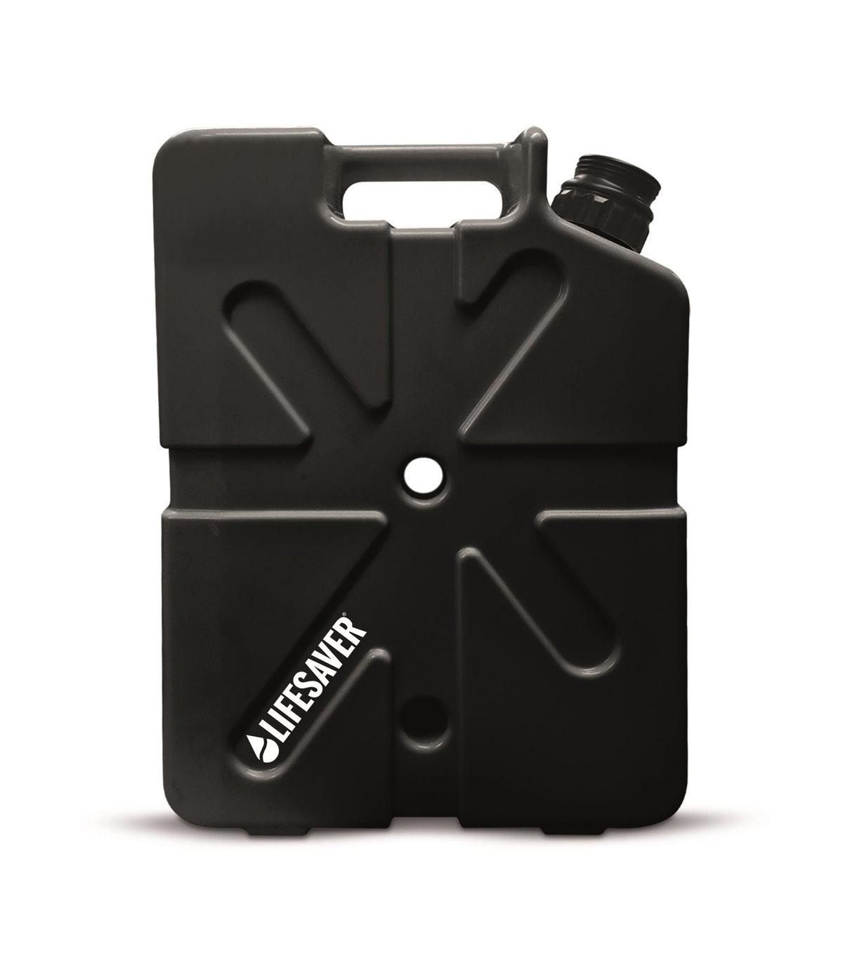 Lifesaver Jerrycan noir, vue de face avec poignée, bouchon à vis noir et logo blanc