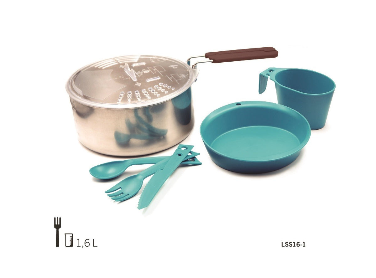 popote en inox Laken 16 cm avec casserole de 1,6 litre, bol bleu-vert, tasse et couverts pour une personne