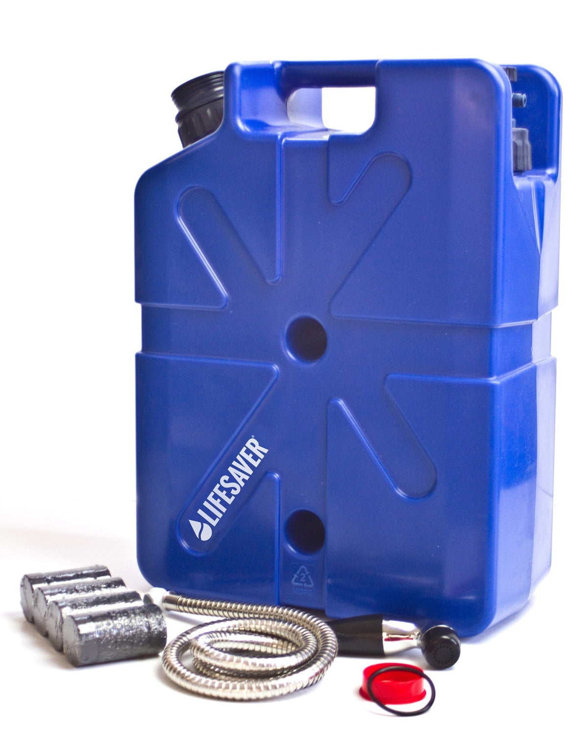 Lifesaver Family Emergency Pack, jerrican bleu avec tuyau tressé, robinet et pièces devant