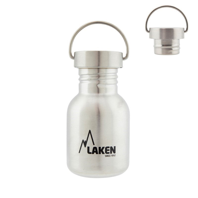 gourde Laken en inox avec bouchon en inox, petit modèle avec boucle de transport métallique et bouchon séparé à côté