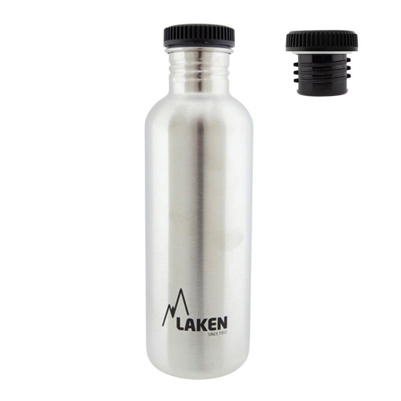 Gourde Laken Basic en inox au plus grand format avec le bouchon noir séparé à côté