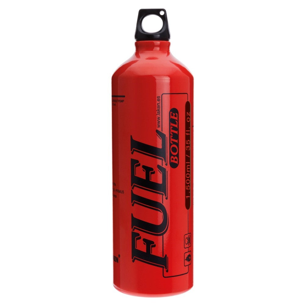 Bouteille à combustible Laken rouge avec bouchon noir à anneau de suspension, vue de face en biais
