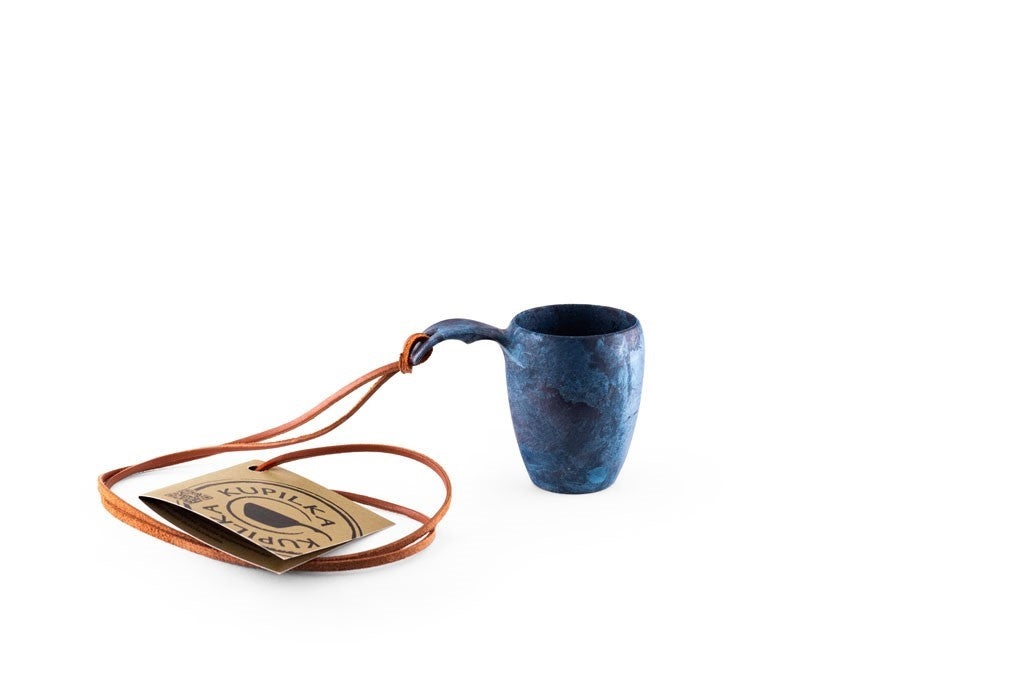 Kupilka 5 Shot Cup bleue, petit gobelet avec cordon en cuir et étiquette