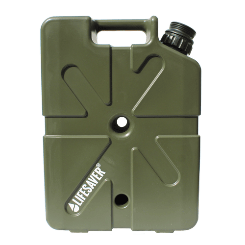 Lifesaver Jerrycan vert armée, vue de face avec poignée, bouchon noir et logo blanc