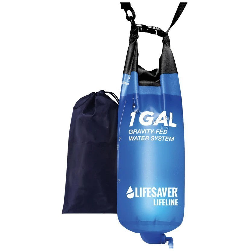 Lifesaver Lifeline Gravity Bag, poche à eau bleue de 1 gallon avec bandoulière à côté du sac de rangement