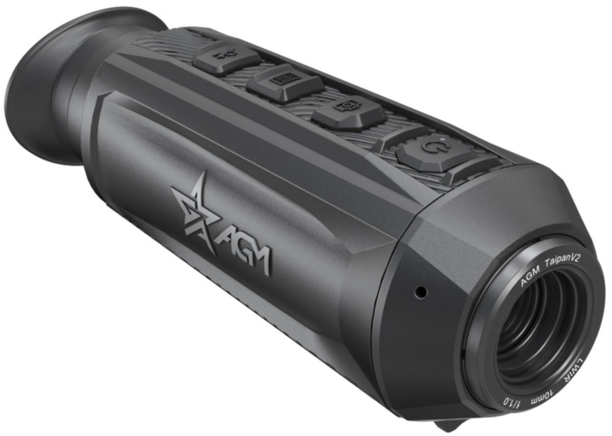 AGM Taipan V2 15-256 de profil avec logo sur le boîtier, œilleton et objectif