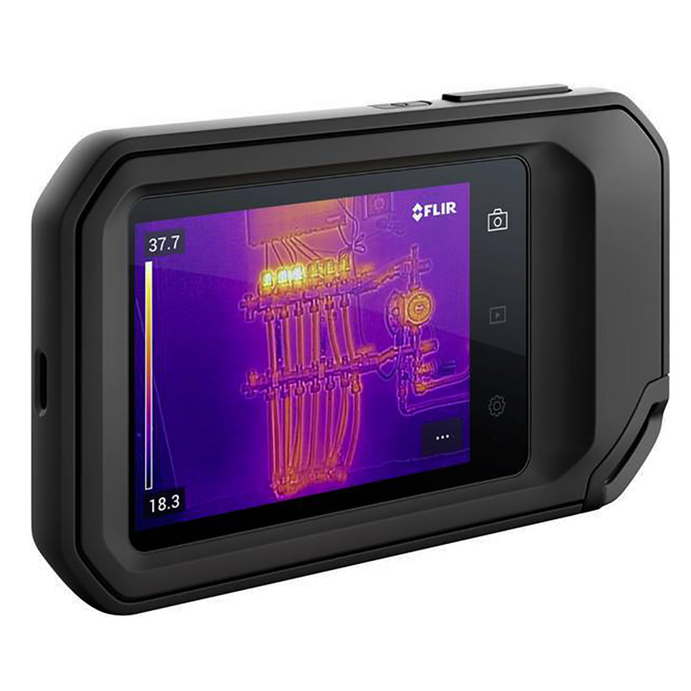 FLIR C5 caméra thermique avec écran tactile affichant une image thermique d'un collecteur