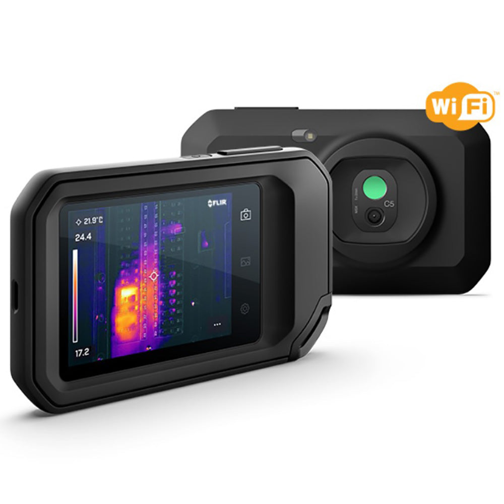 FLIR C5 face avant et arrière côte à côte, avec image thermique à l'écran et logo wifi