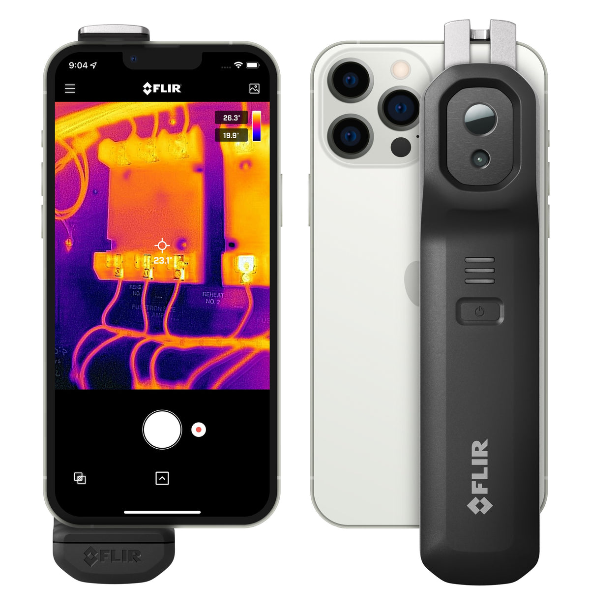 FLIR ONE Edge avec pince derrière un smartphone, à côté l'écran avec une image thermique