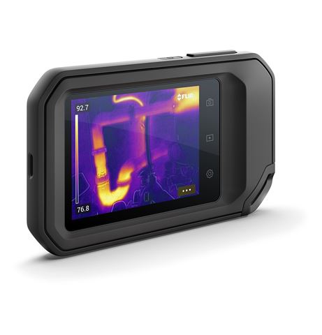 FLIR C3-x avec écran tactile affichant une image thermique de tuyaux en violet et jaune