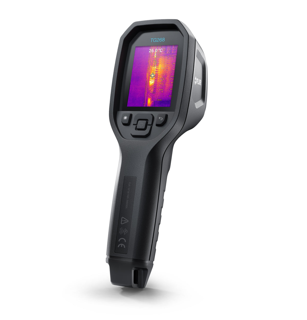 FLIR TG268 vue de trois quarts arrière avec image thermique à l'écran et boutons de commande