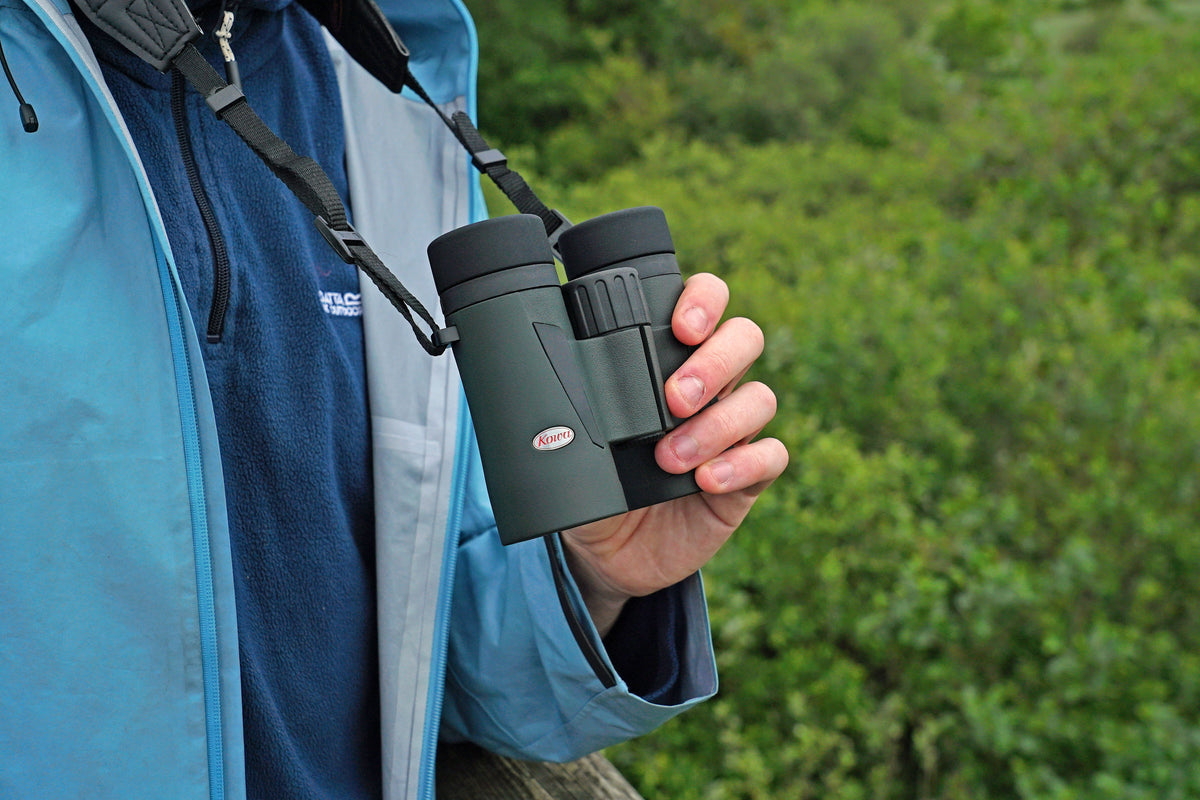 Kowa BDIII 8x32 XD dans la main d'une personne en veste bleue, dehors dans la verdure