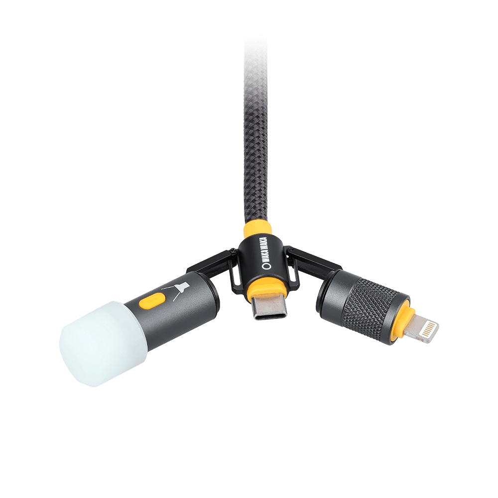 WakaWaka Connect, extrémité avec fiche USB-C, adaptateur Lightning et petit voyant
