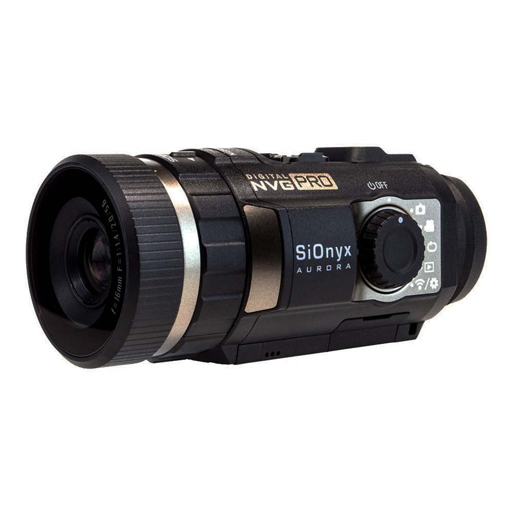 SiOnyx Aurora Pro, vision nocturne numérique noire avec grand objectif et molette, vue de trois quarts avant