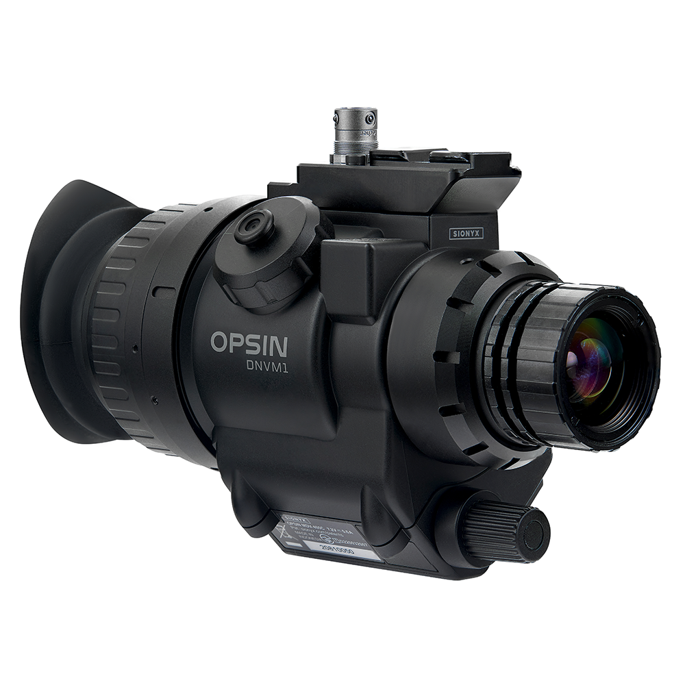 SiOnyx Opsin lunettes de vision nocturne numériques noires avec œilleton, objectif et platine, de trois quarts avant