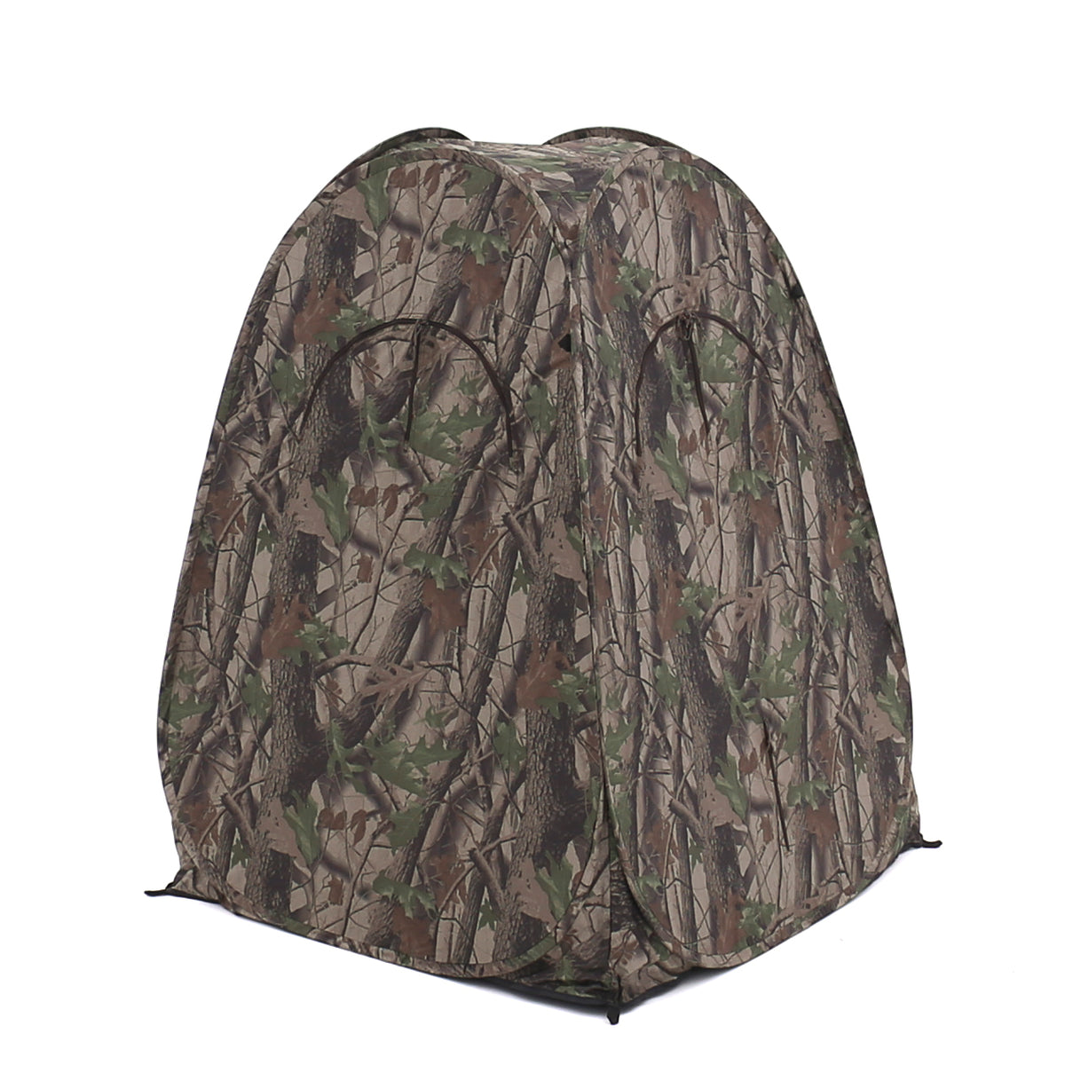 Affût Outdoor Club camouflage avec fenêtres d'observation fermées, vu de trois quarts avant