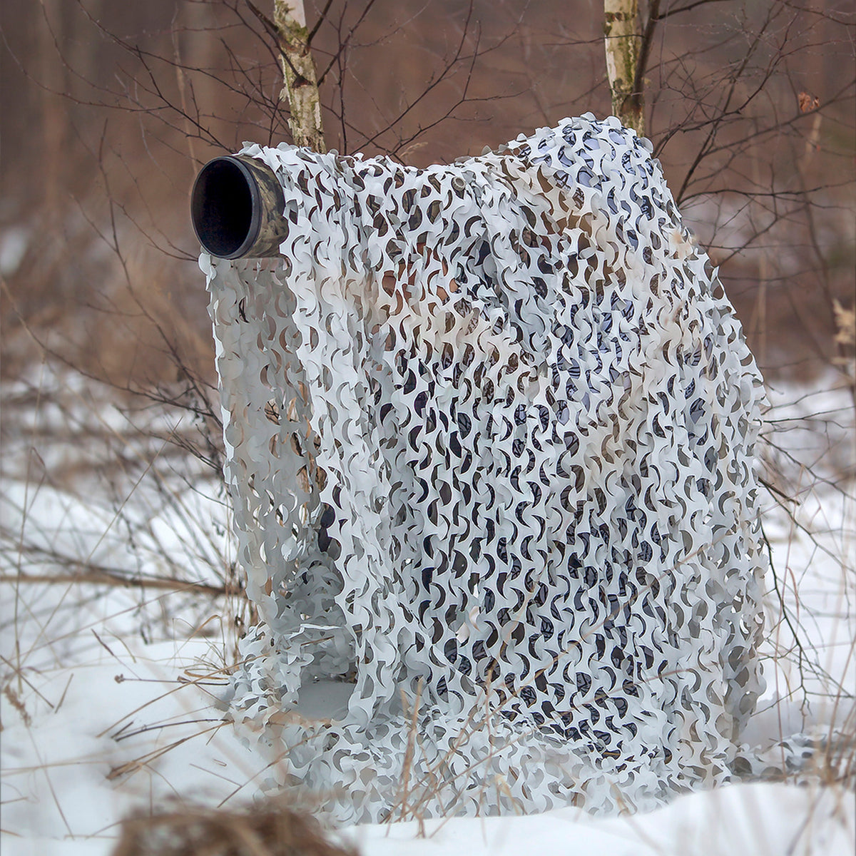 Filet de camouflage Buteo 3D Leafs Neige sur un objectif dans une forêt enneigée parmi les bouleaux