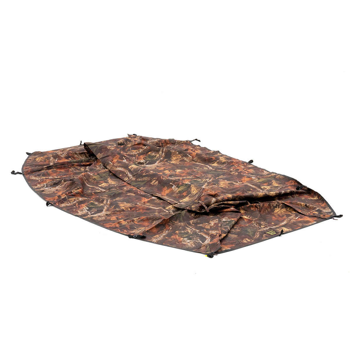 Housse de pluie Buteo Falco Mark IV en camouflage feuillage brun, étalée à plat avec des boucles sur le bord