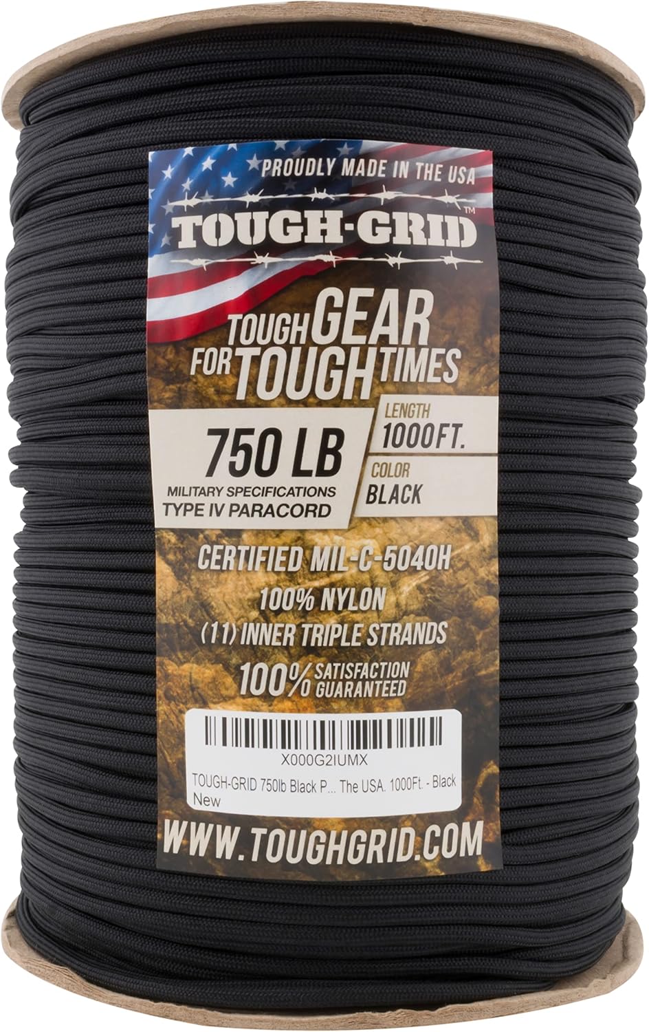 TOUGH-GRID 750 Paracorde 305m noir, corde noire sur une grande bobine avec étiquette