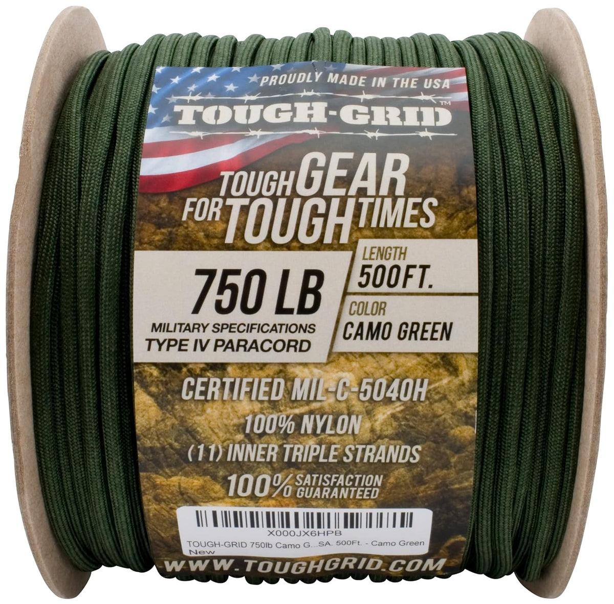 TOUGH-GRID Paracorde 152m Camo Green, corde vert foncé sur une bobine avec étiquette