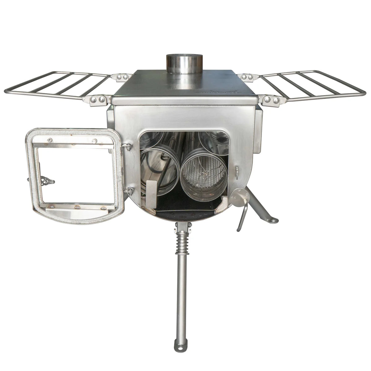 Winnerwell Woodlander Plus Double View de face, porte ouverte et tuyaux rangés dans le poêle