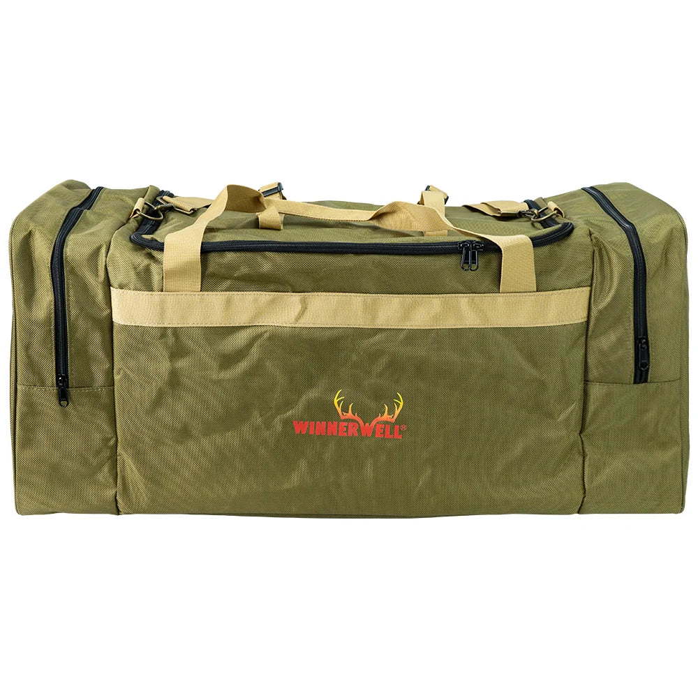 Sac de transport pour poêle Winnerwell vert, vu de face avec longues fermetures éclair de chaque côté