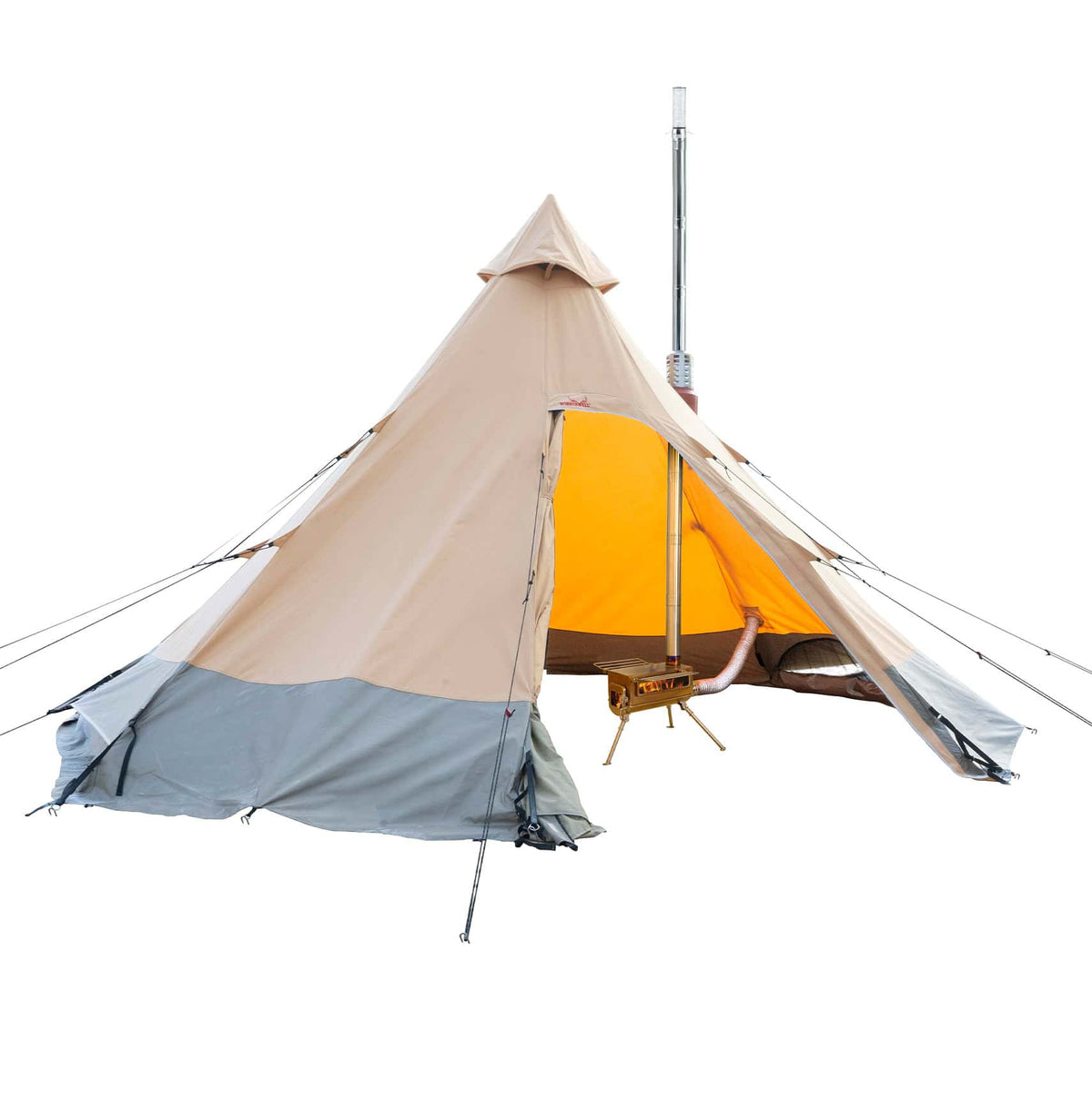 Winnerwell Arctic avec porte ouverte, tente intérieure orange et tuyau de poêle