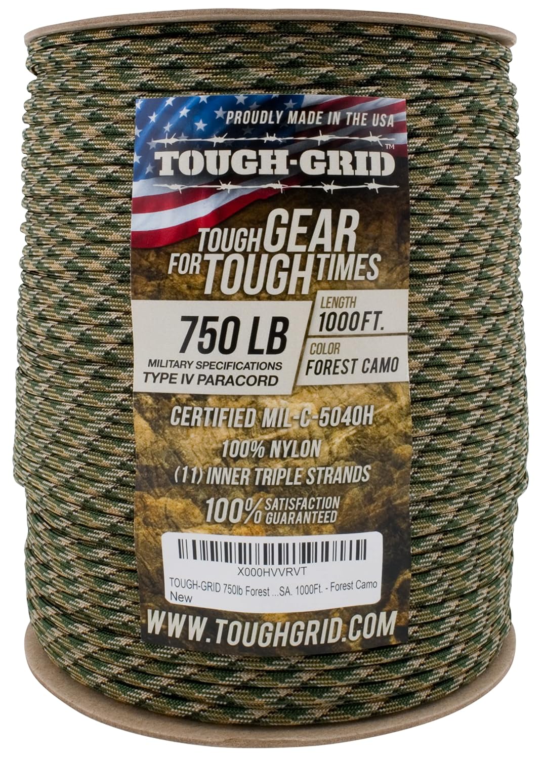 TOUGH-GRID Paracorde 305m Forest Camo, grande bobine de corde aux couleurs camouflage vertes