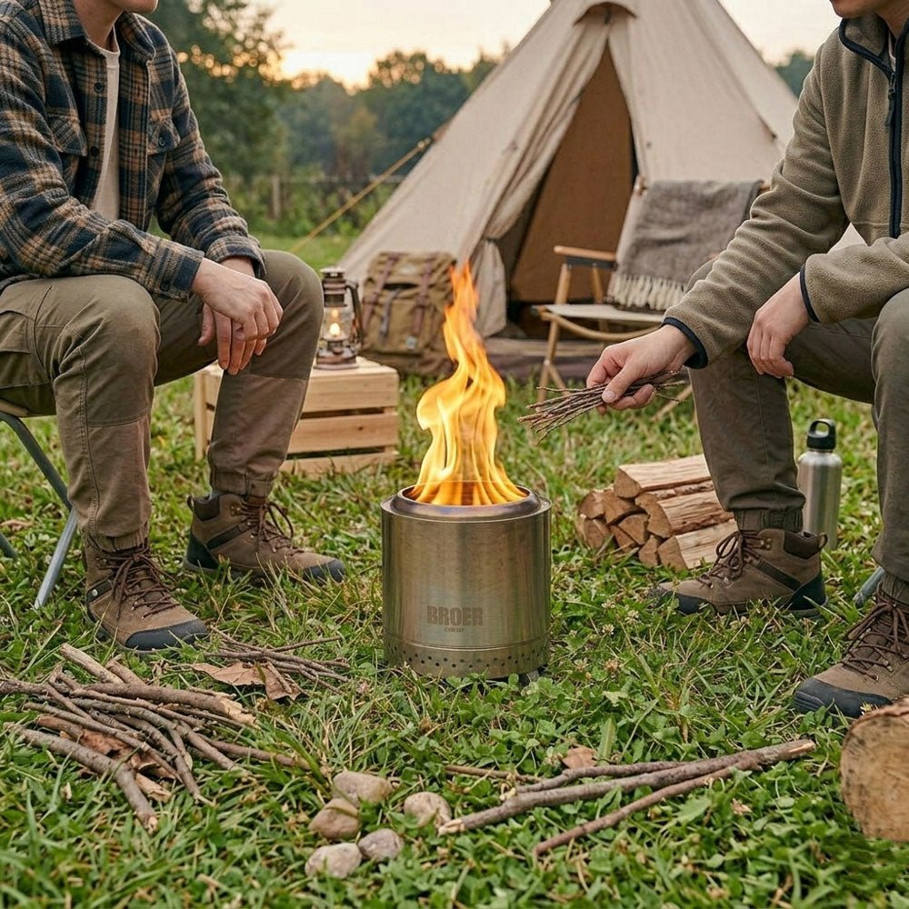 Broer Outdoor Vortex allumé sur l'herbe à côté d'une tente en toile, avec deux campeurs à proximité