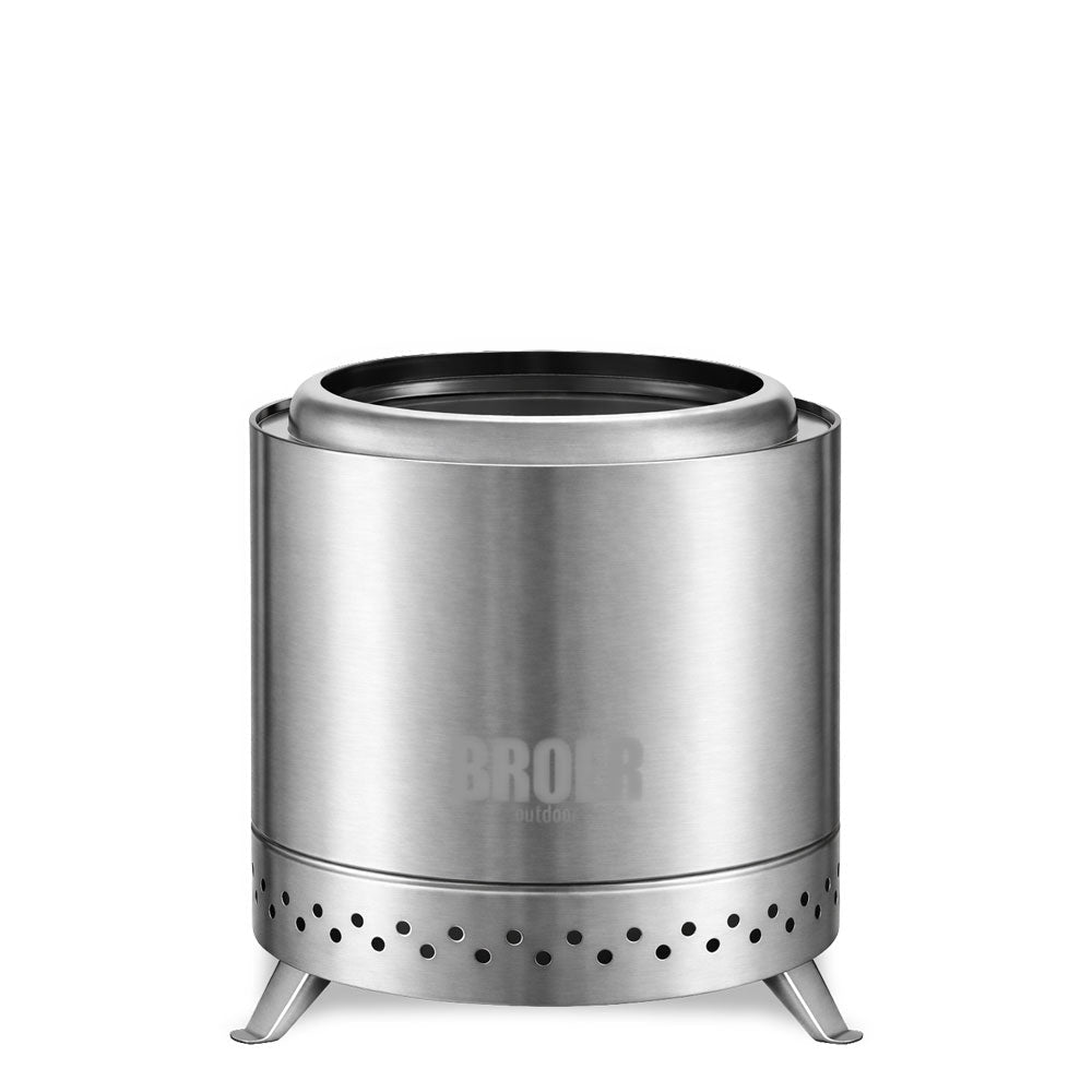 Brasero Broer Outdoor Vortex en acier inoxydable avec une rangée de trous d'aération sur pieds courts, vue de face