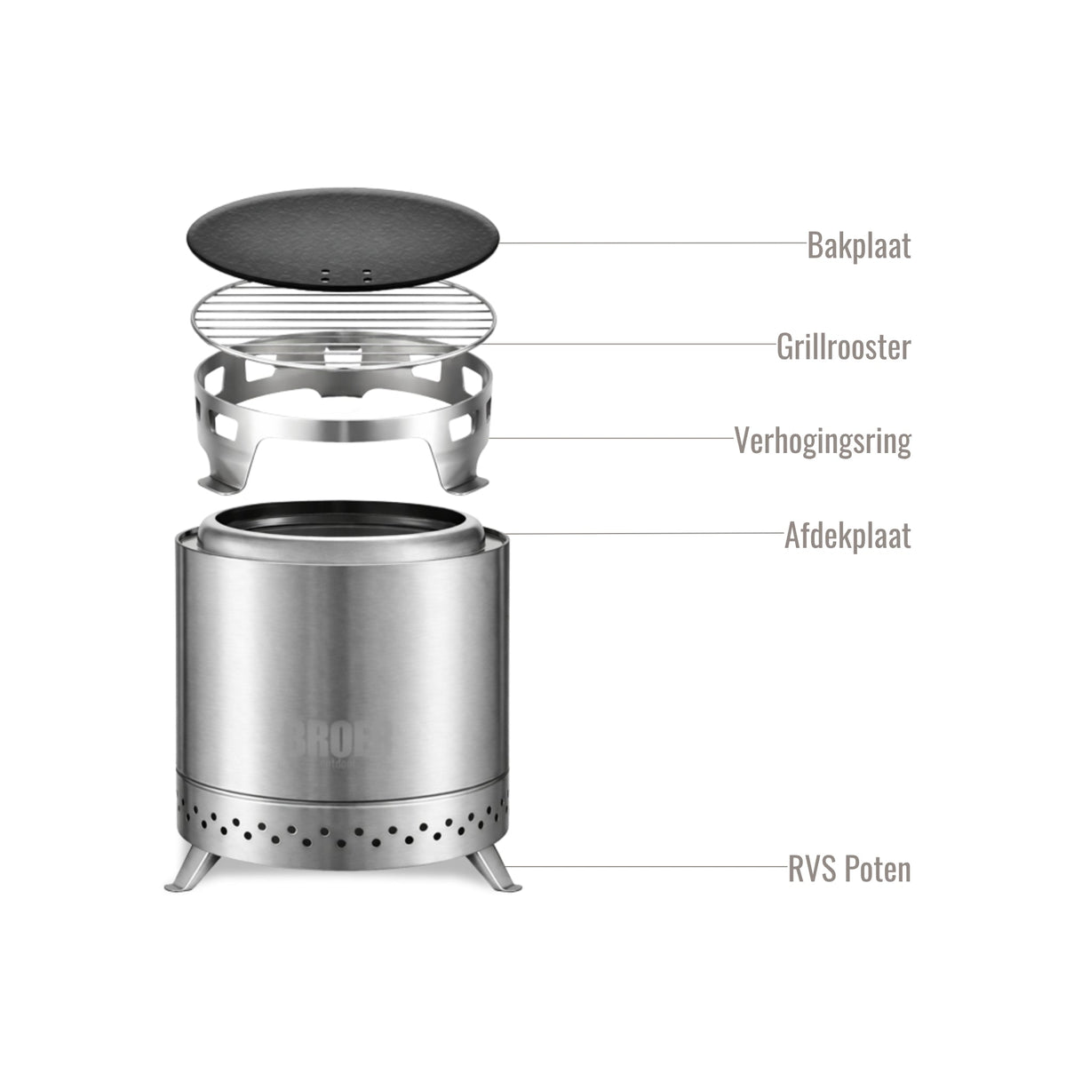 Broer Outdoor Vortex en vue éclatée, plaque de cuisson, grille, anneau de rehausse, couvercle et pieds