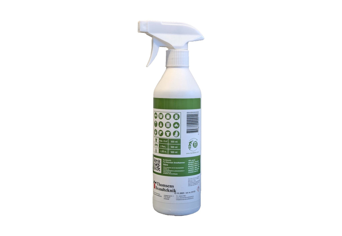 BurnBlock flacon spray, dos de l'étiquette avec pictogrammes et texte