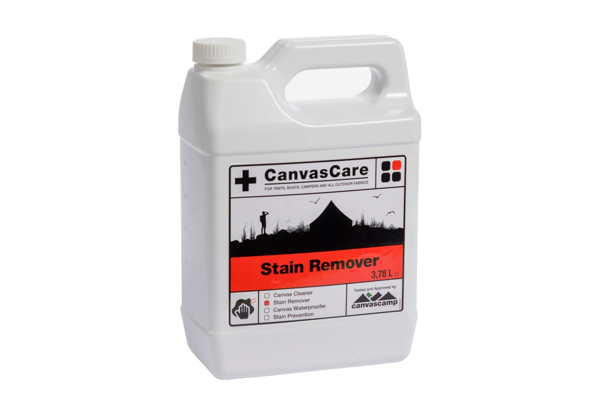 détachant CanvasCare dans un bidon blanc avec étiquette rouge Stain Remover