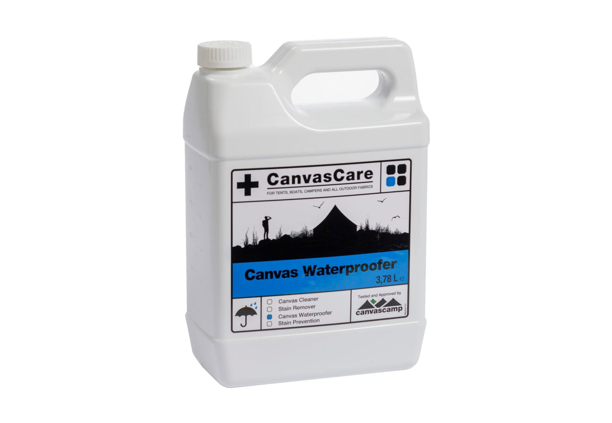 CanvasCare Waterproofer, imperméabilisant dans un bidon blanc avec étiquette bleue Canvas Waterproofer