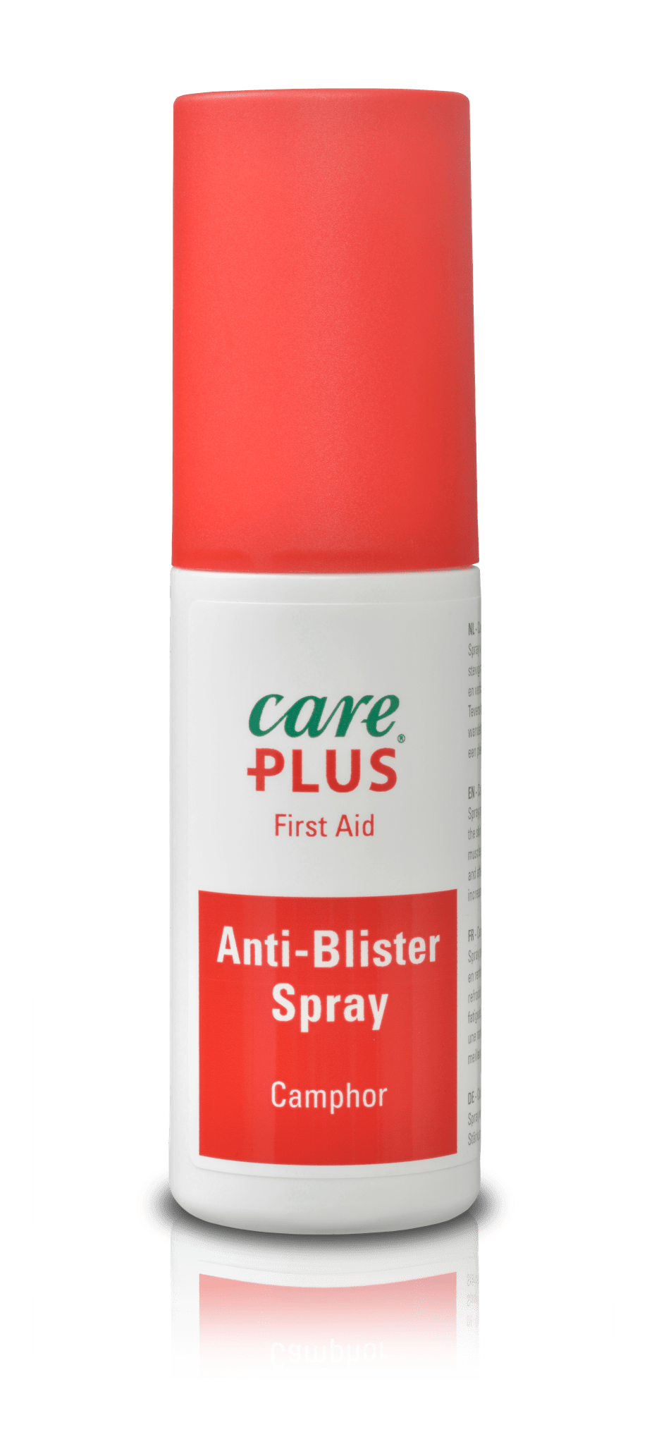 Care Plus Anti-Blister Spray en flacon blanc avec bouchon rouge et étiquette rouge