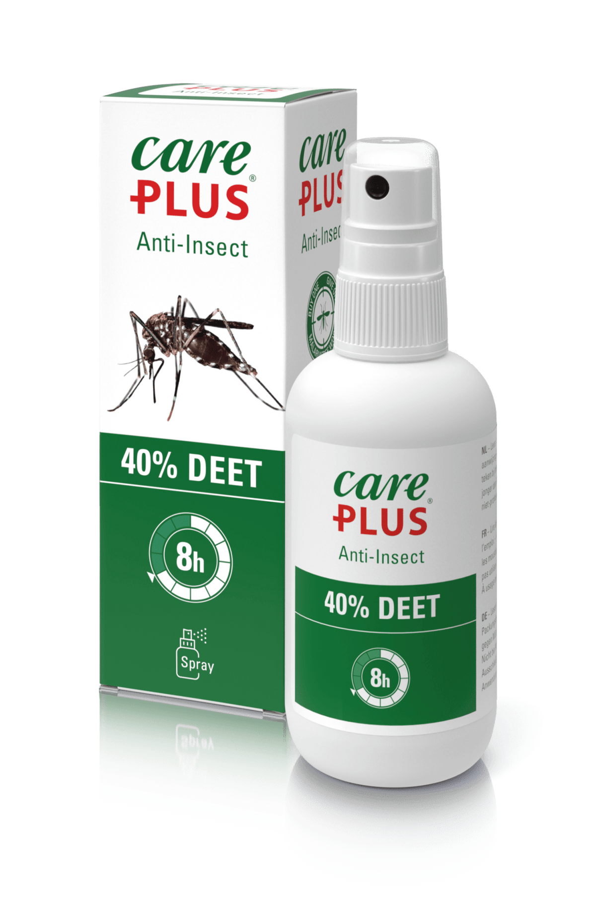 Spray Care Plus 40% DEET en plus grand flacon avec l'emballage derrière