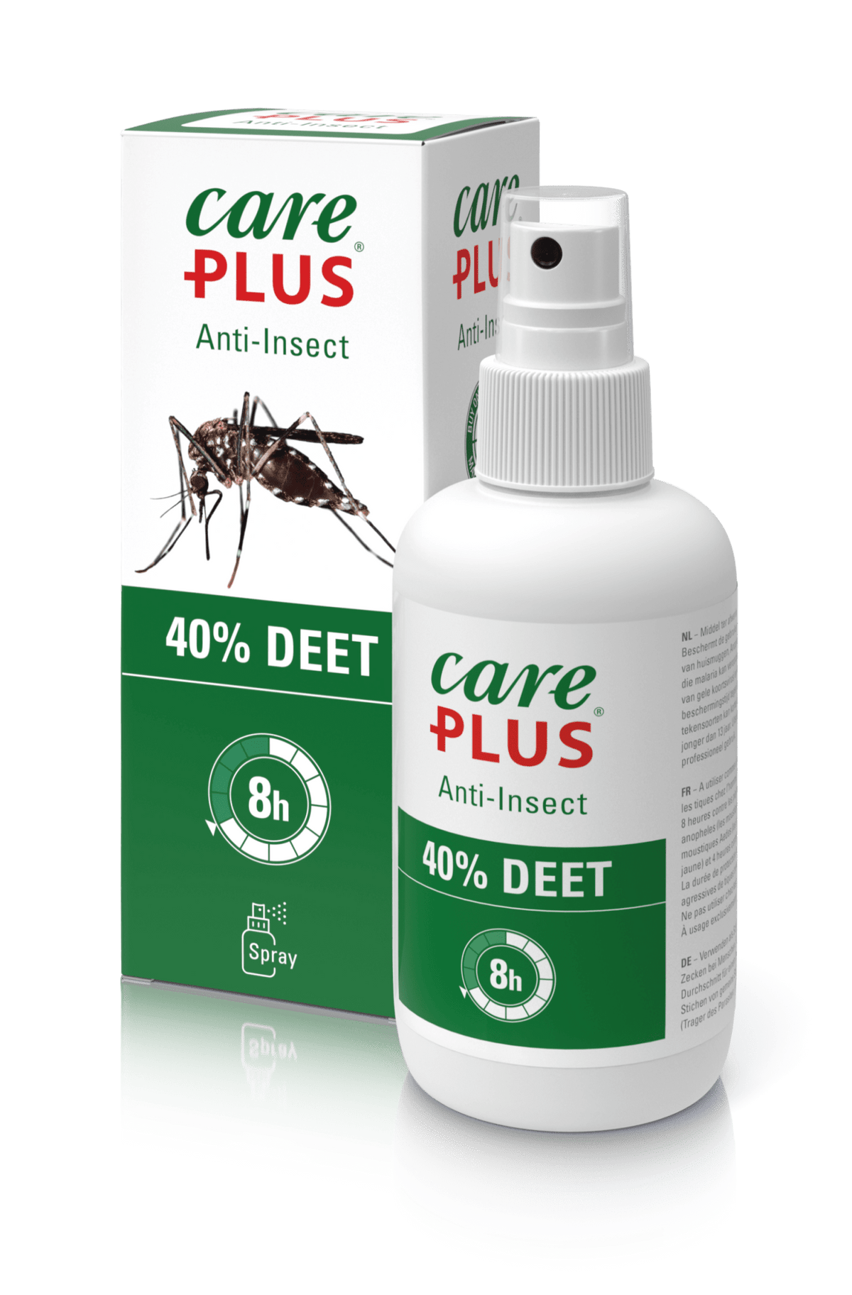 Spray Care Plus 40% DEET dans le plus grand flacon à côté de la boîte au moustique