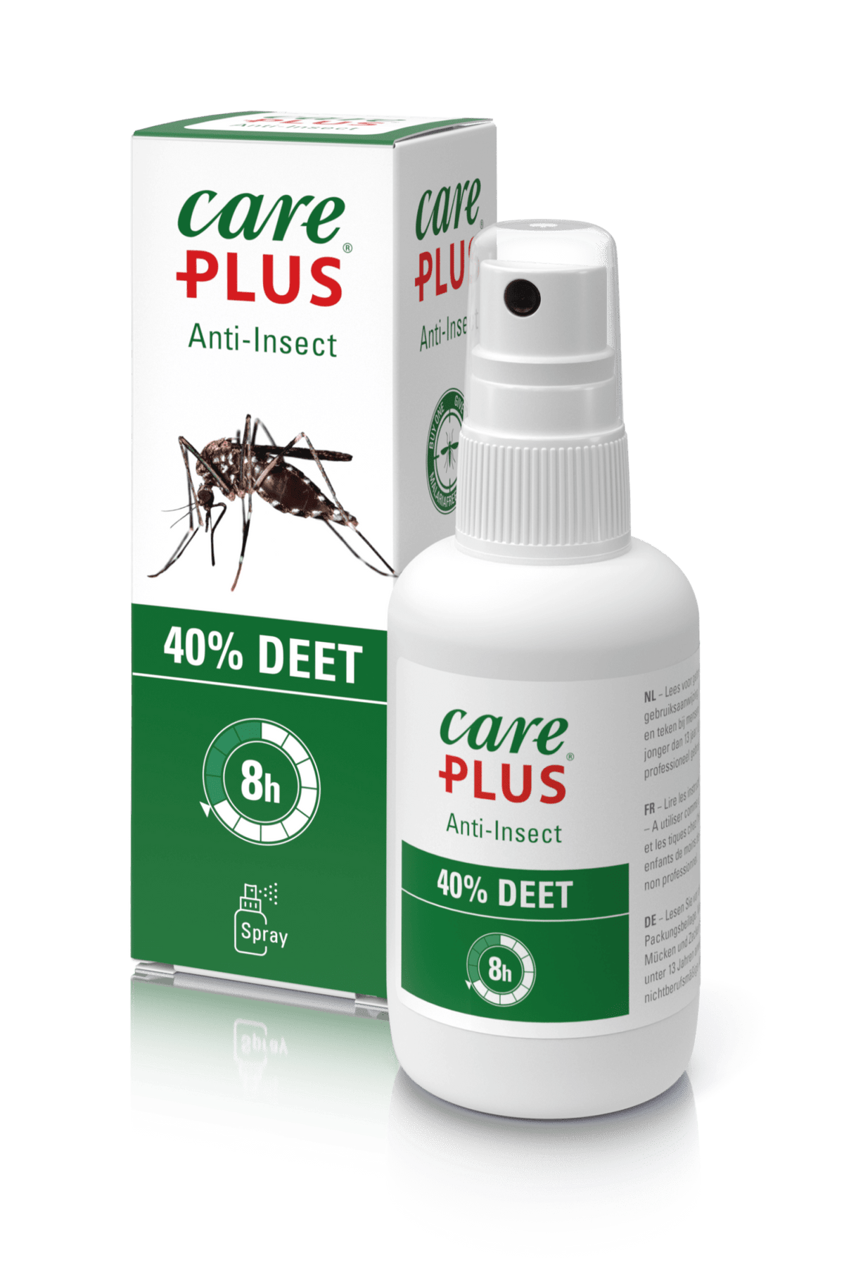 Flacon spray Care Plus Anti-Insect 40% DEET devant la boîte verte et blanche ornée d'un moustique
