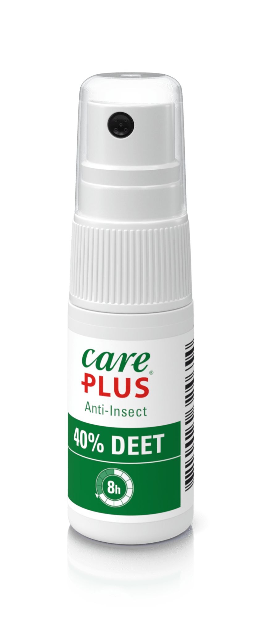 Care Plus Anti-Insect 40% DEET en petit flacon spray avec bouchon pompe blanc et étiquette verte