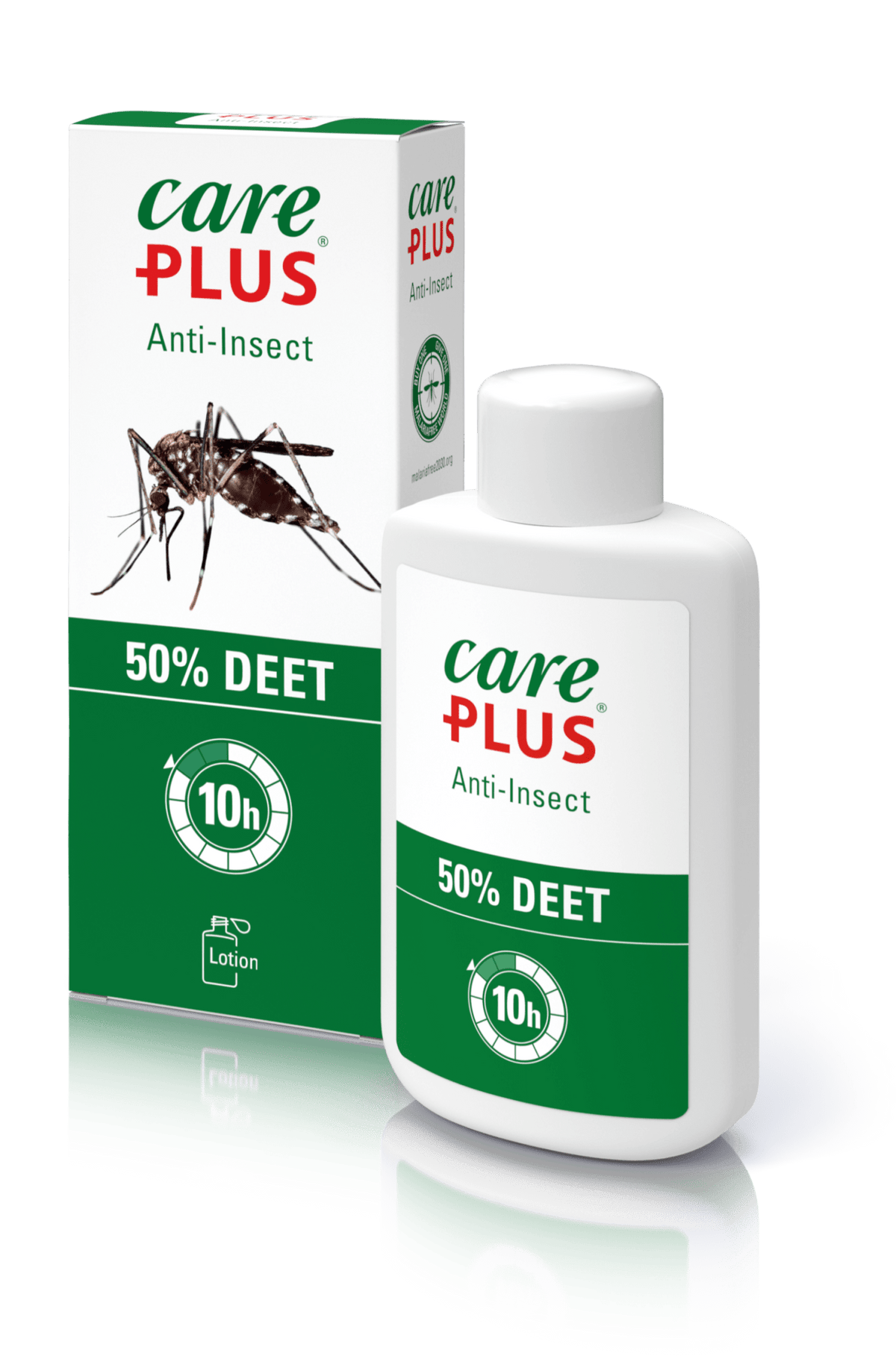 Care Plus Anti-Insect DEET lotion 50% en flacon blanc à bouchon clapet à côté de la boîte verte au moustique
