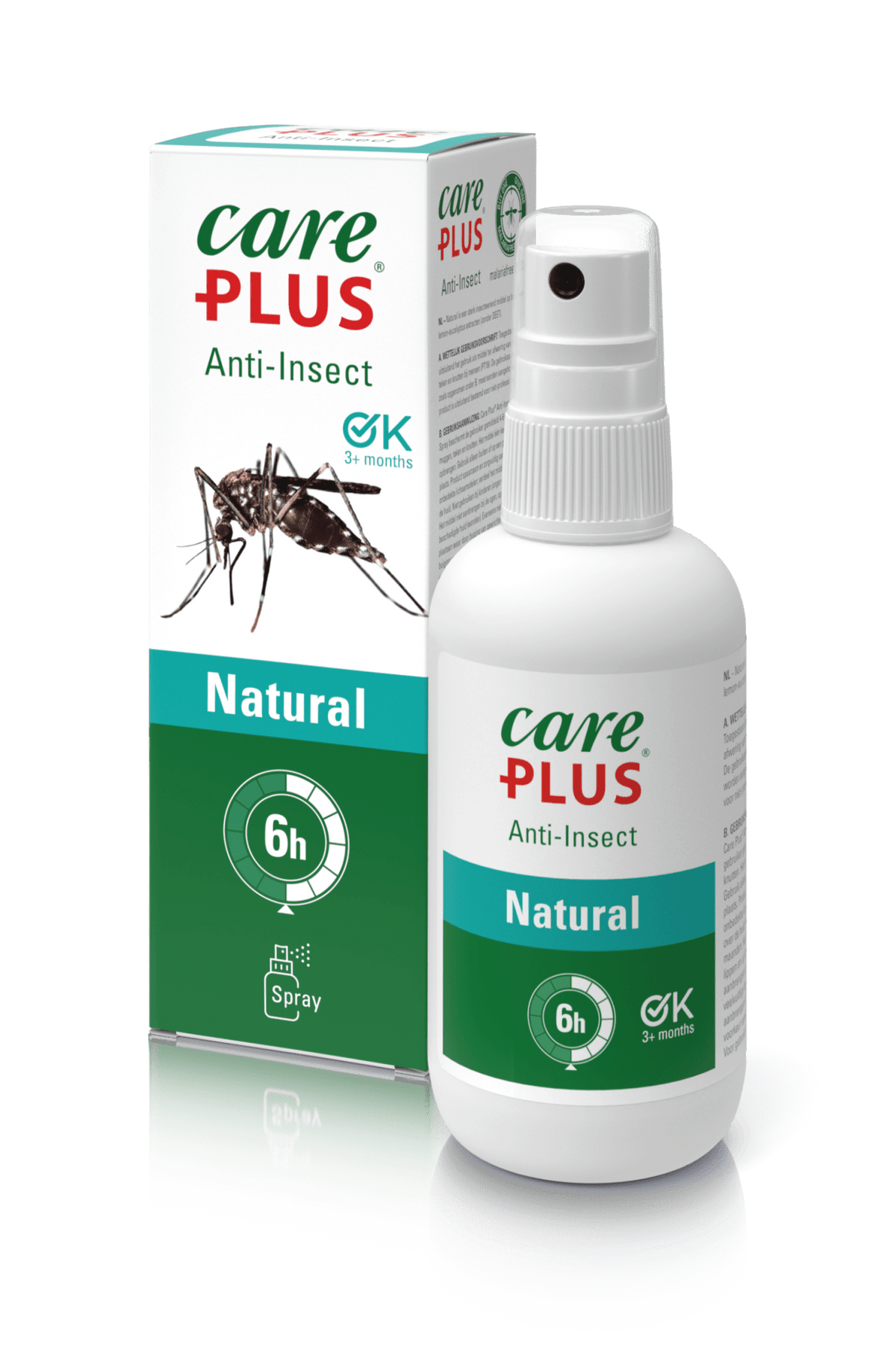 Spray Care Plus Natural en plus grand flacon avec l'emballage vert et blanc derrière