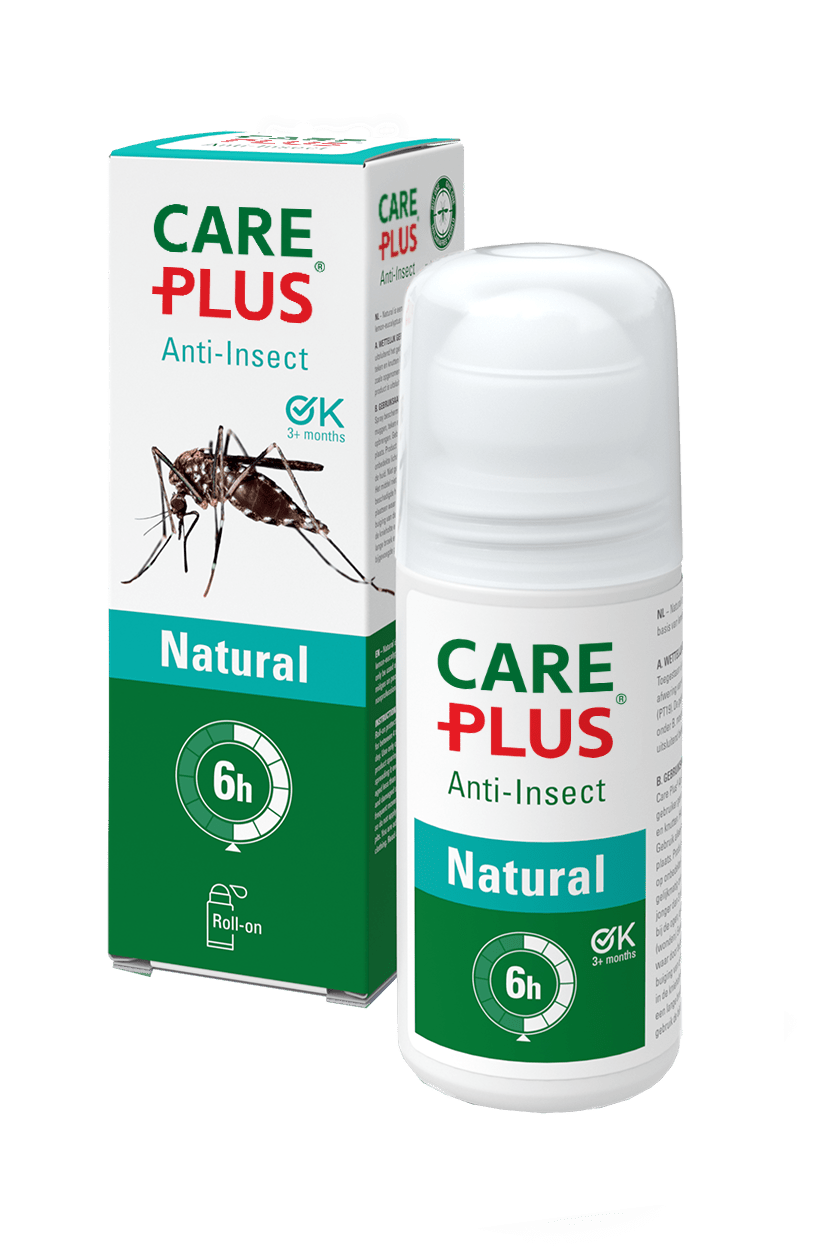 Anti-Insect Natural Roll-On de Care Plus, roll-on blanc devant la boîte verte et blanche au moustique